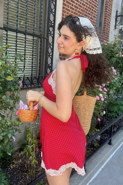 Cute A Line Halter Neck Red Polka Dots Short Homecoming Dress with Lace