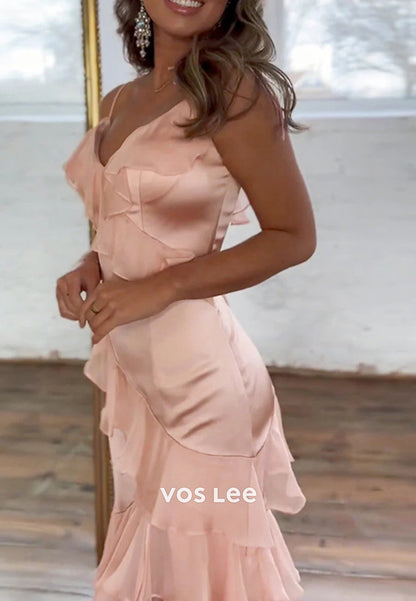 Classic Spaghetti Straps Pleated Floor-Length Mermaid Prom Dresses with Side Split