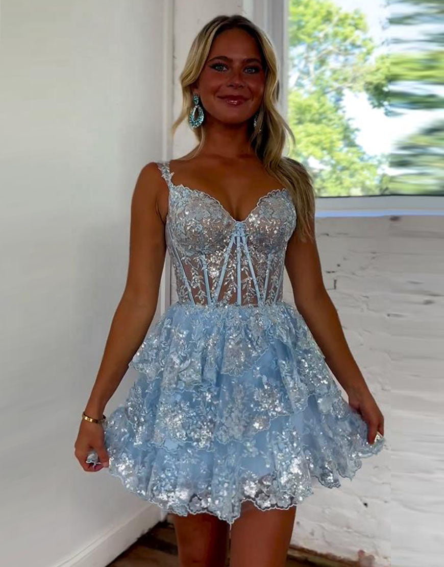 Cute Glitter A-Line Straps Zipper Back Tiered Homecoming Dress