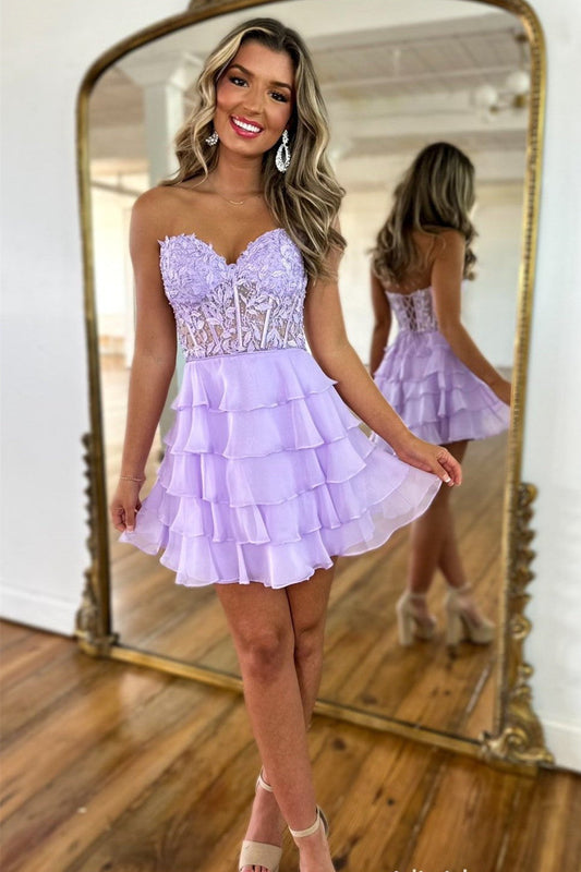 Cute Lilac A-Line Sweetheart Short Tiered Lace Top Homecoming Dress