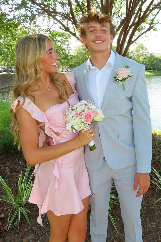 Cute Sheath Square Neck Pink Short Homecoming Dress with Backless