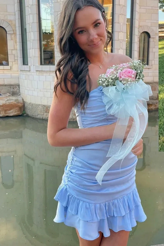 Cute Sheath Strapless Light Blue Short Homecoming Dress with Ruffles