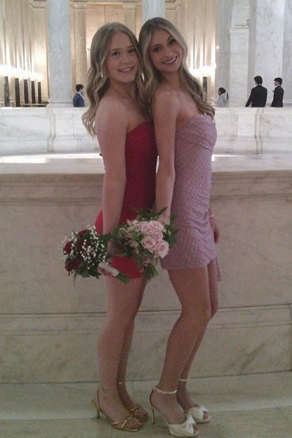 Cute Sheath Strapless Pink Short Homecoming Dress with Ruffles