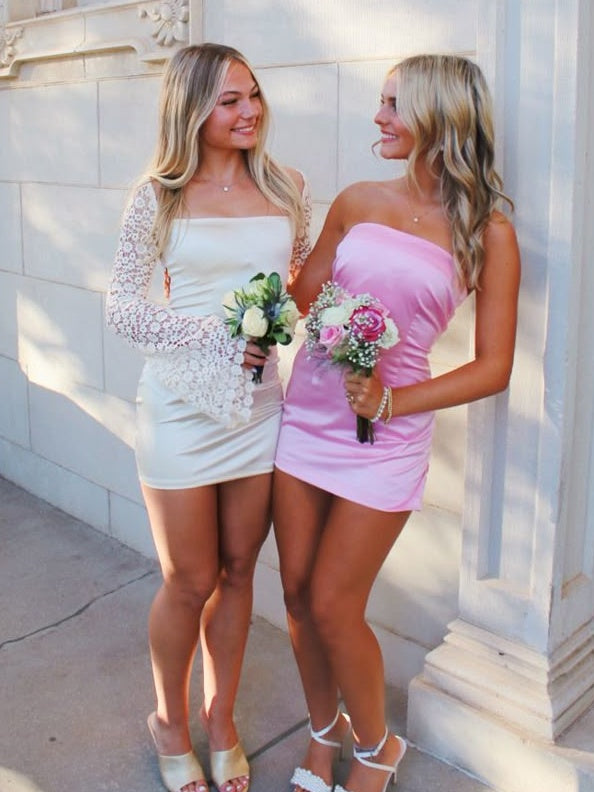 Cute Sheath Strapless Pink Short Homecoming Dress with Slit