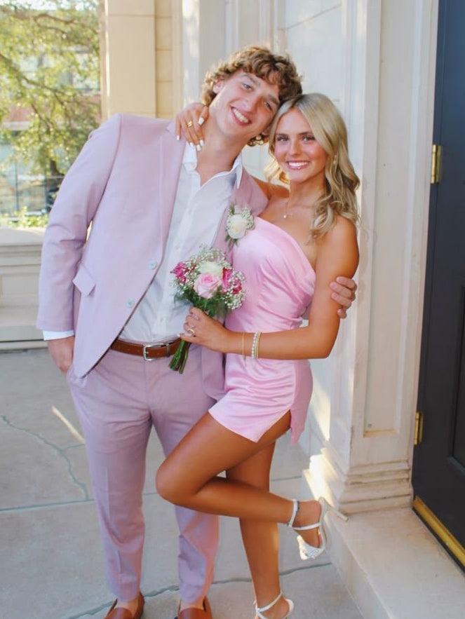 Cute Sheath Strapless Pink Short Homecoming Dress with Slit
