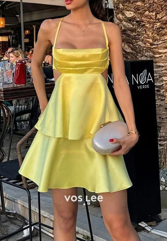 A-Line Spaghetti Straps Square Tiered Pleated Homecoming Dresses