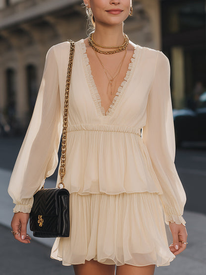 VOS LEE Ruffle-Trimmed Long Sleeve Chiffon Mini Dress