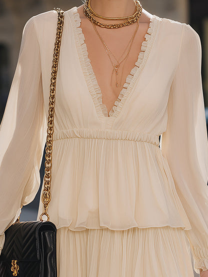 VOS LEE Ruffle-Trimmed Long Sleeve Chiffon Mini Dress
