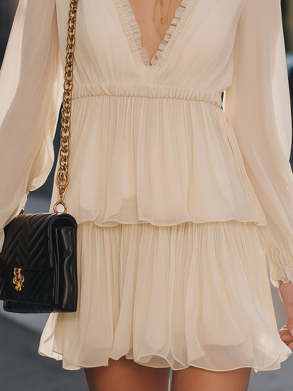 VOS LEE Ruffle-Trimmed Long Sleeve Chiffon Mini Dress