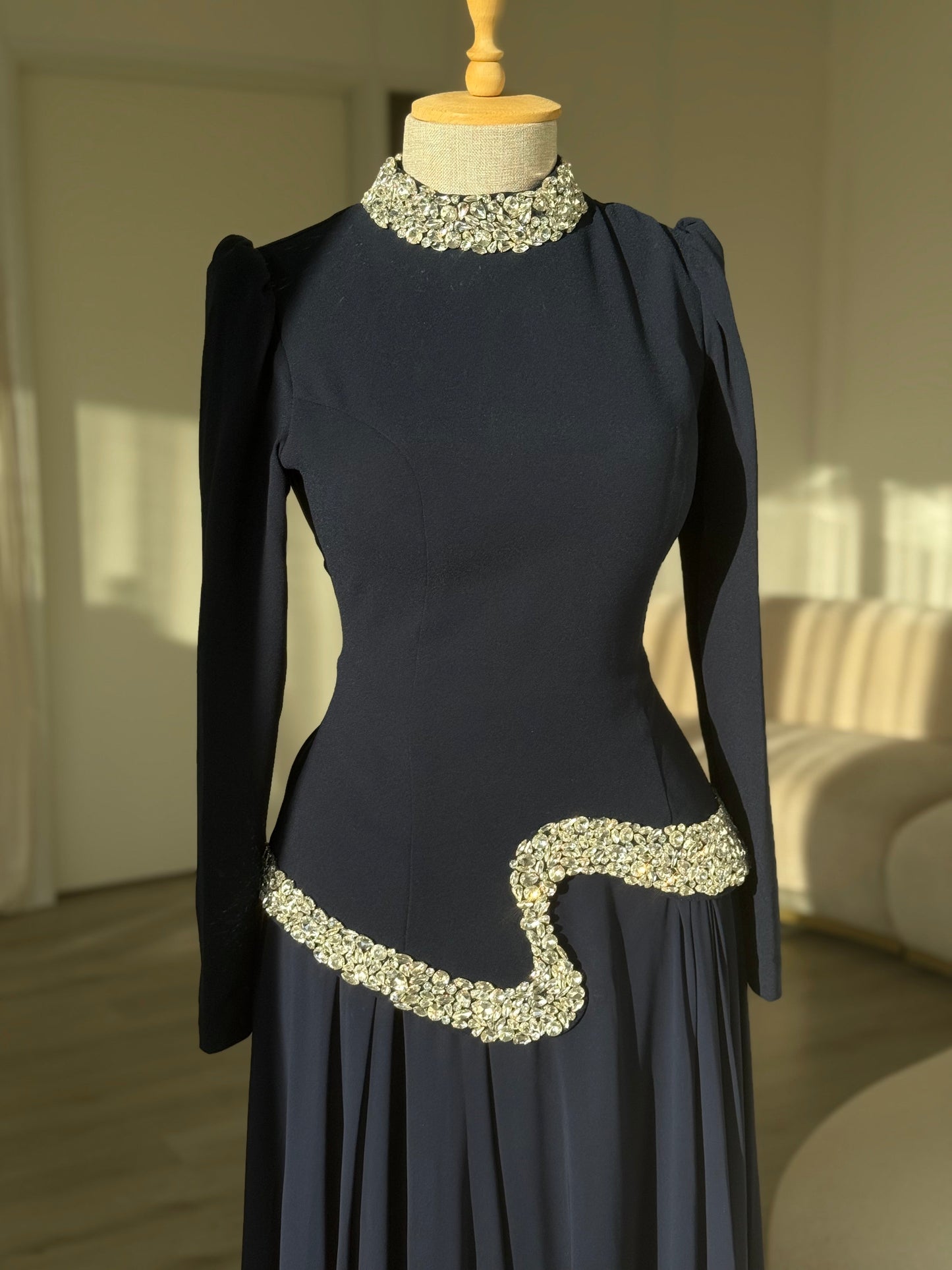 Dusty Pink High Neck Long Sleeve Crystal Waist A-Line Formal Evening Gown