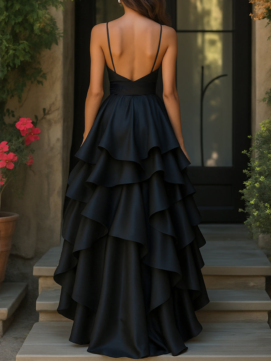 Cascading Ruffle High-Low Black Gown With Deep V-Neck Wedding Guest Dresses