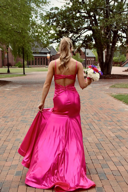 Spaghetti Strap Fuchsia Mermaid Hollowed-out Dress with Side Slit
