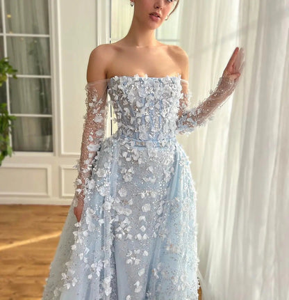 3D Floral Pink Off Shoulder Mermaid Prom Dress with Detachable Train