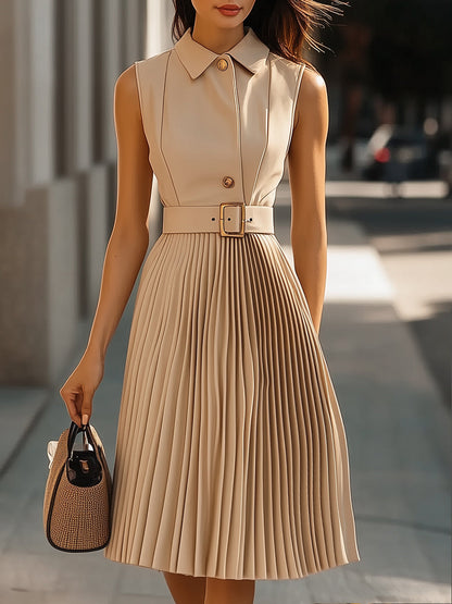 Sleeveless Beige Pleated Shirt Dress Wedding Guest Dresses