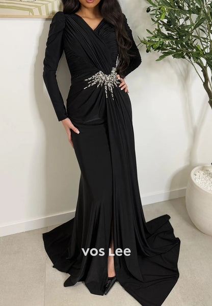 Gorgeous Long Sleevees V Neck Rhinestone Pleated Mermaid Evening Dresses