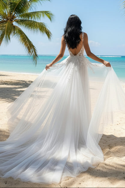 Sparkly 3D Floral Lace Mermaid Wedding Dress with Detachable Tulle Train