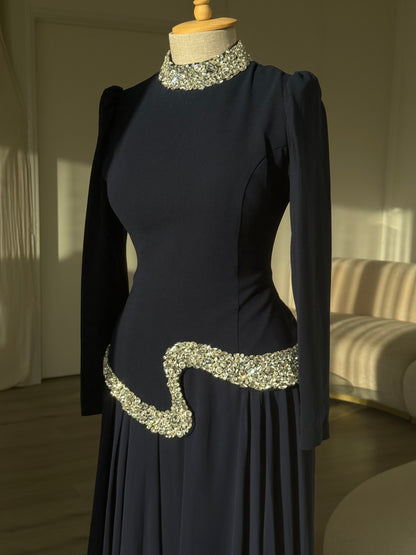 Dusty Pink High Neck Long Sleeve Crystal Waist A-Line Formal Evening Gown