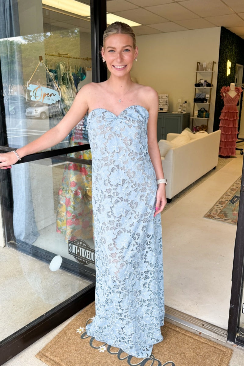 Light Sky Blue Sweetheart Lace Long Sheath Floral Dress Prom Dress