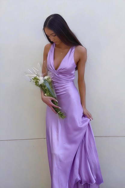 Elegant Lavender V-Neck Satin Front-knot Party Dress Prom Dress
