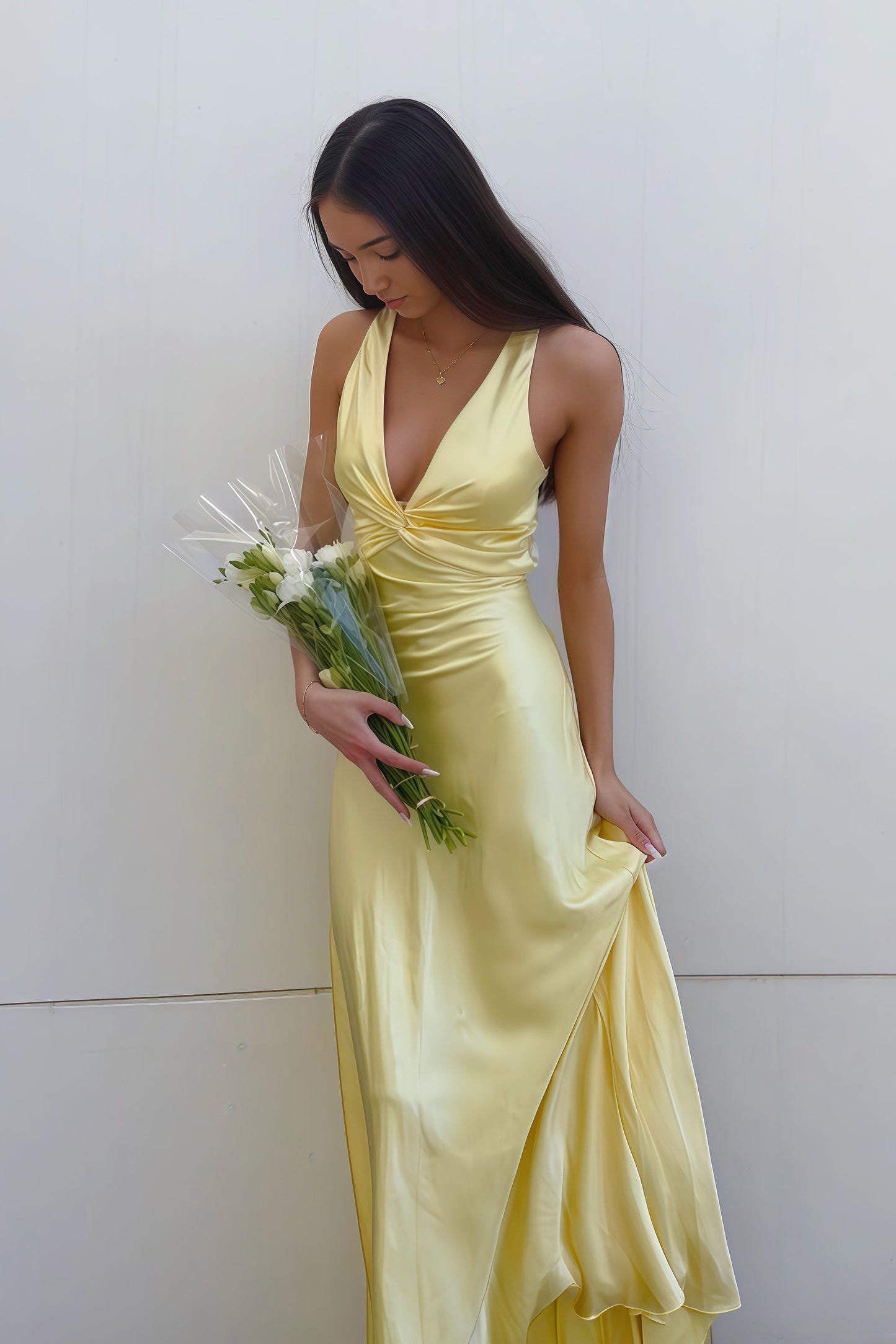 Elegant Lavender V-Neck Satin Front-knot Party Dress Prom Dress