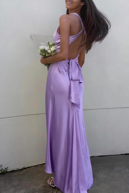 Elegant Lavender V-Neck Satin Front-knot Party Dress Prom Dress