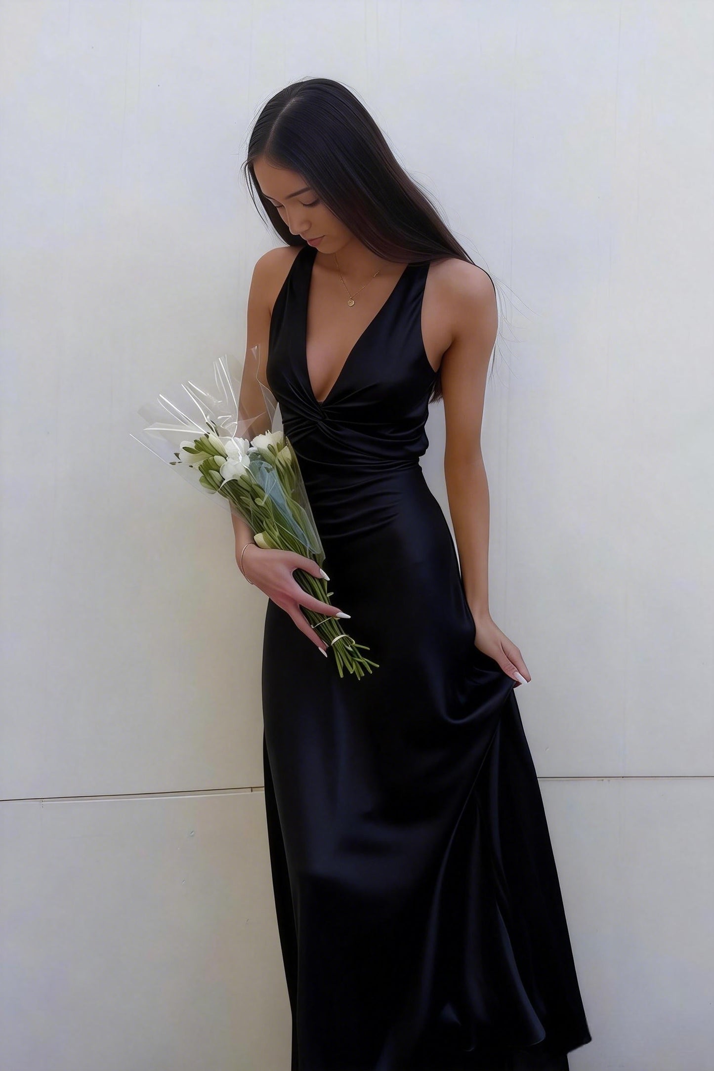 Elegant Lavender V-Neck Satin Front-knot Party Dress Prom Dress