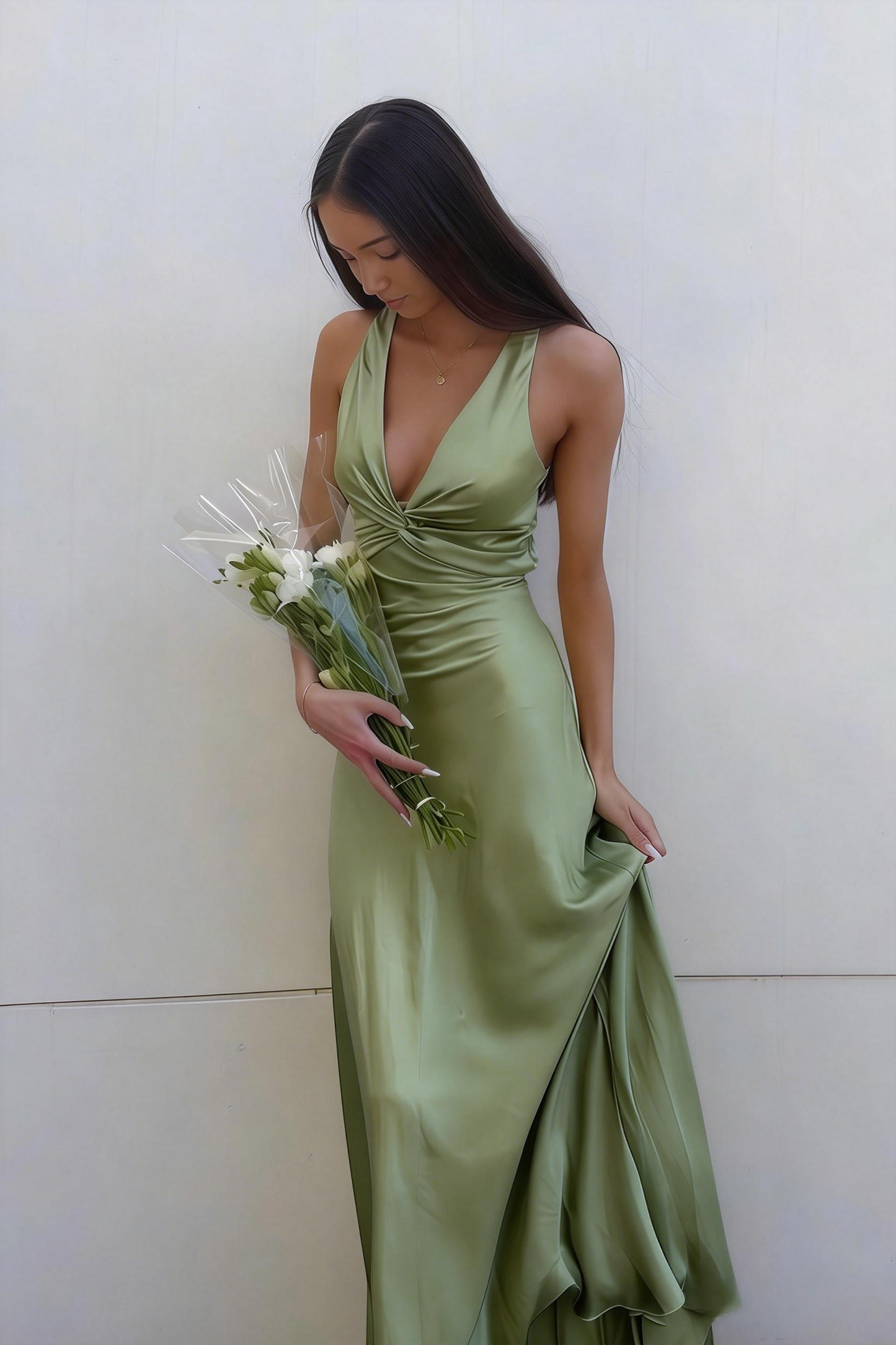 Elegant Lavender V-Neck Satin Front-knot Party Dress Prom Dress