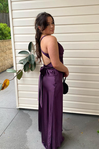 Elegant Lavender V-Neck Satin Front-knot Party Dress Prom Dress