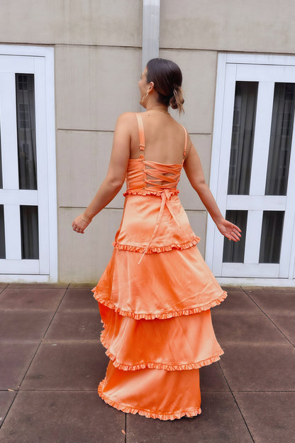 Cantaloupe Orange Corset Tiered Long Party Dresss