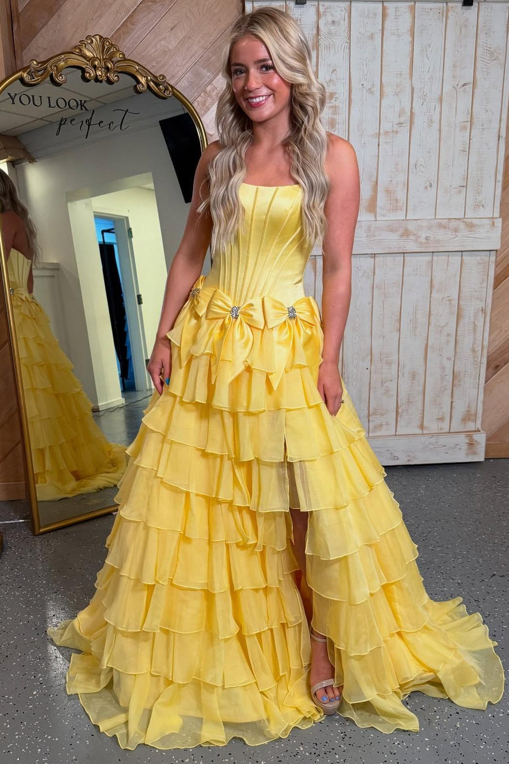 Strapless Yellow A-line Ruffle Formal Dress with Bows