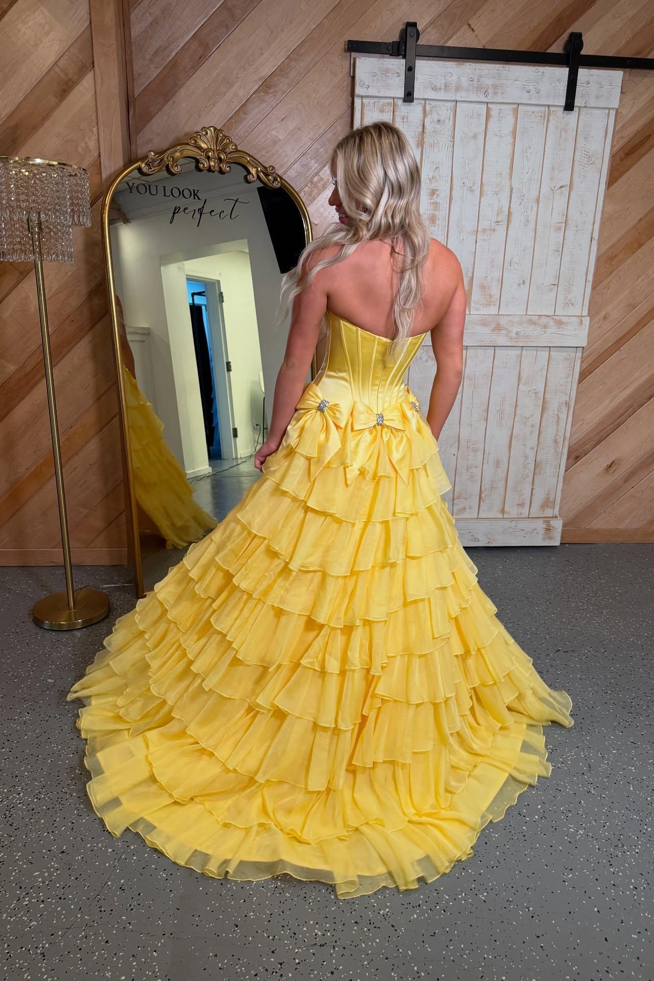 Strapless Yellow A-line Ruffle Formal Dress with Bows