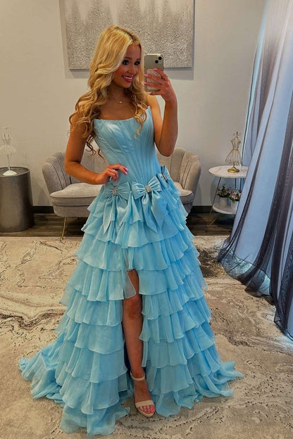 Strapless Yellow A-line Ruffle Formal Dress with Bows