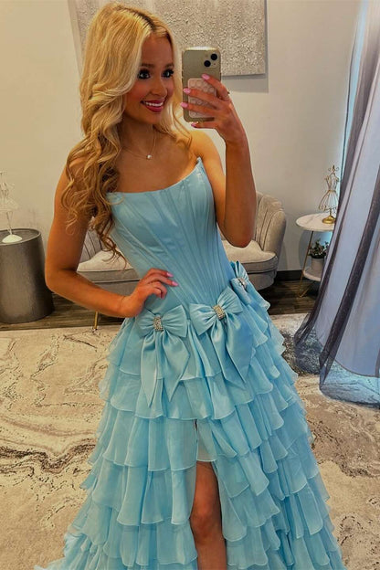 Strapless Yellow A-line Ruffle Formal Dress with Bows