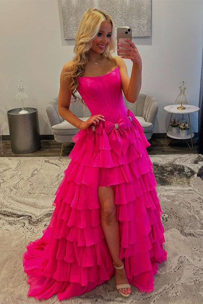 Strapless Yellow A-line Ruffle Formal Dress with Bows