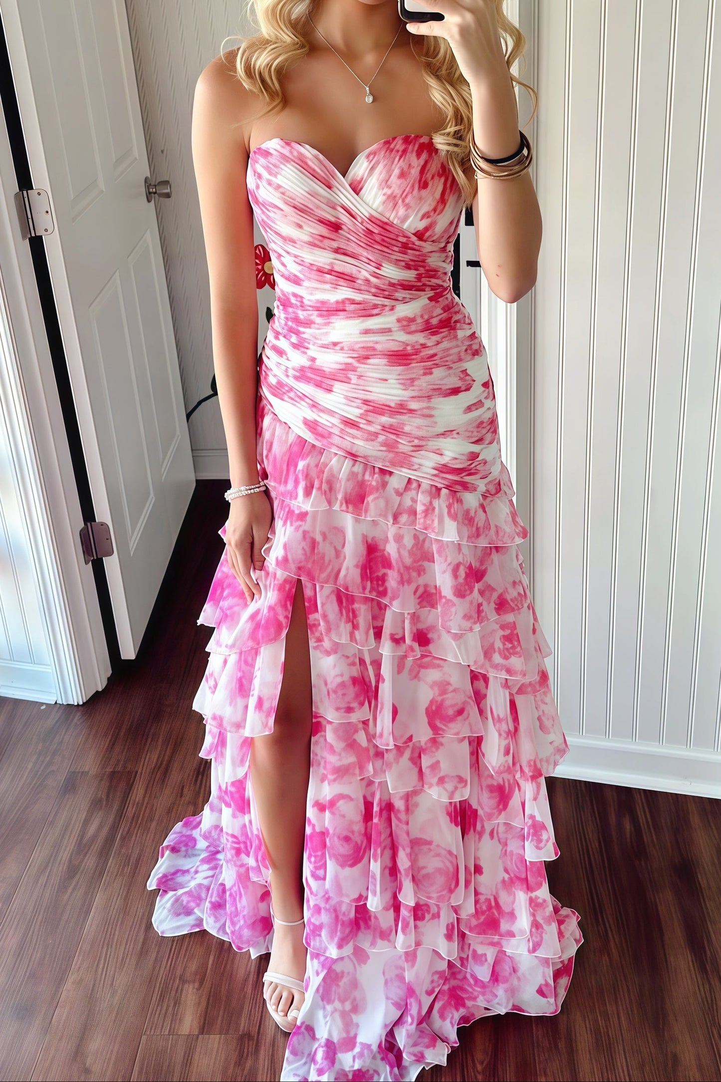 Sweetheart Floral Ruched Long Formal Dress
