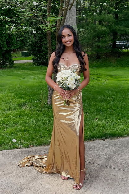 Beaded Gold Metallic Ruched Long Formal Dress