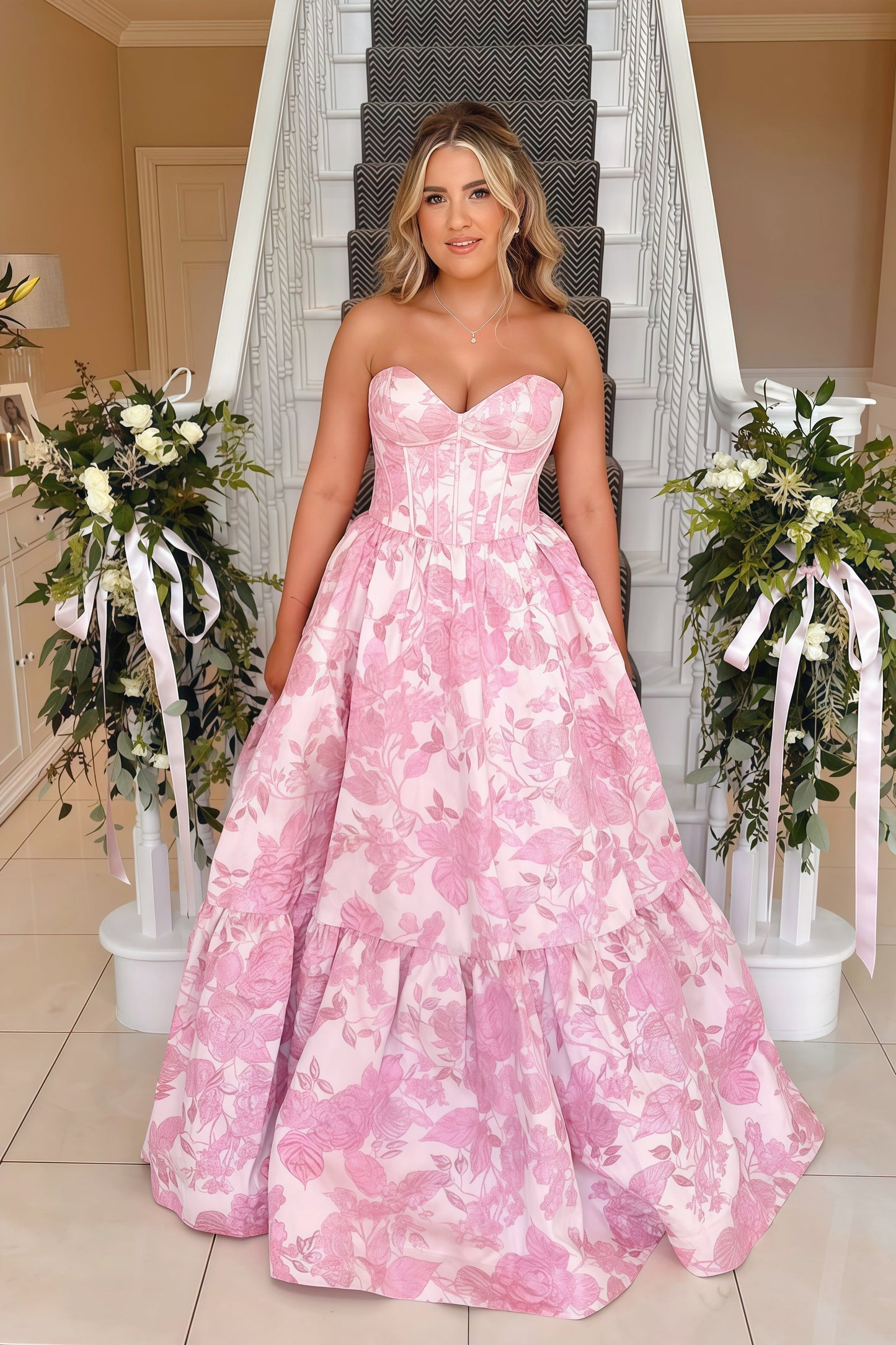 Sweetheart Pink Floral A-line Prom Gown