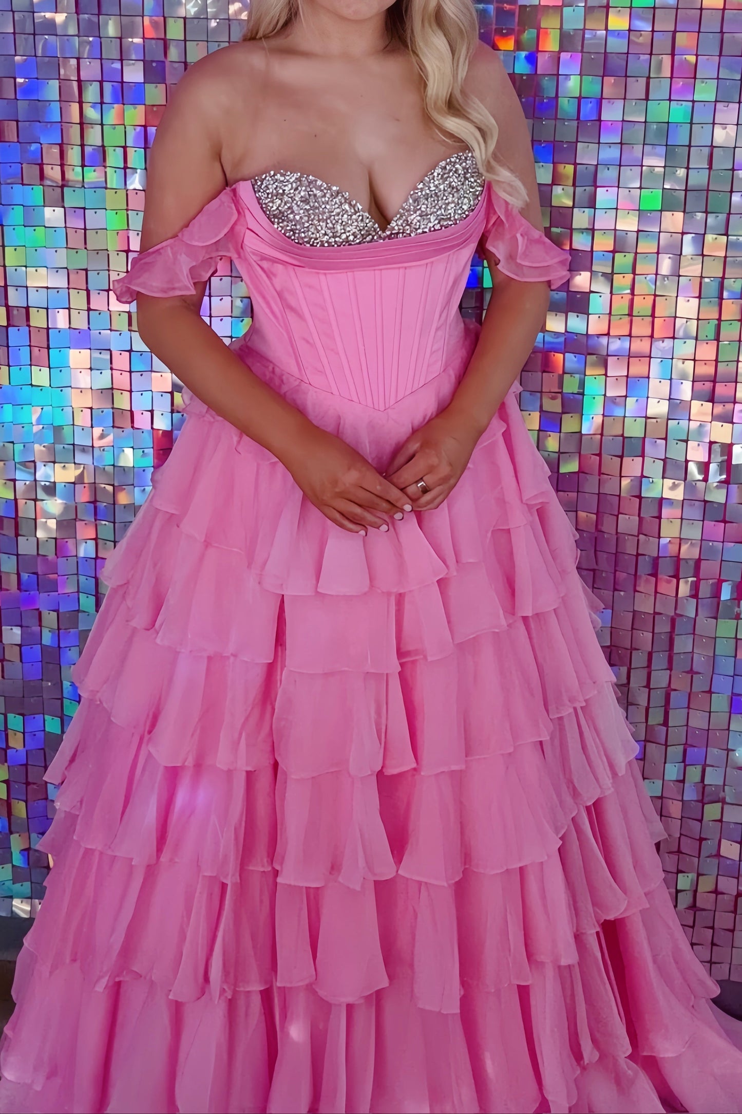 Light Pink Off-shoulder Beaded Sweetheart Gown