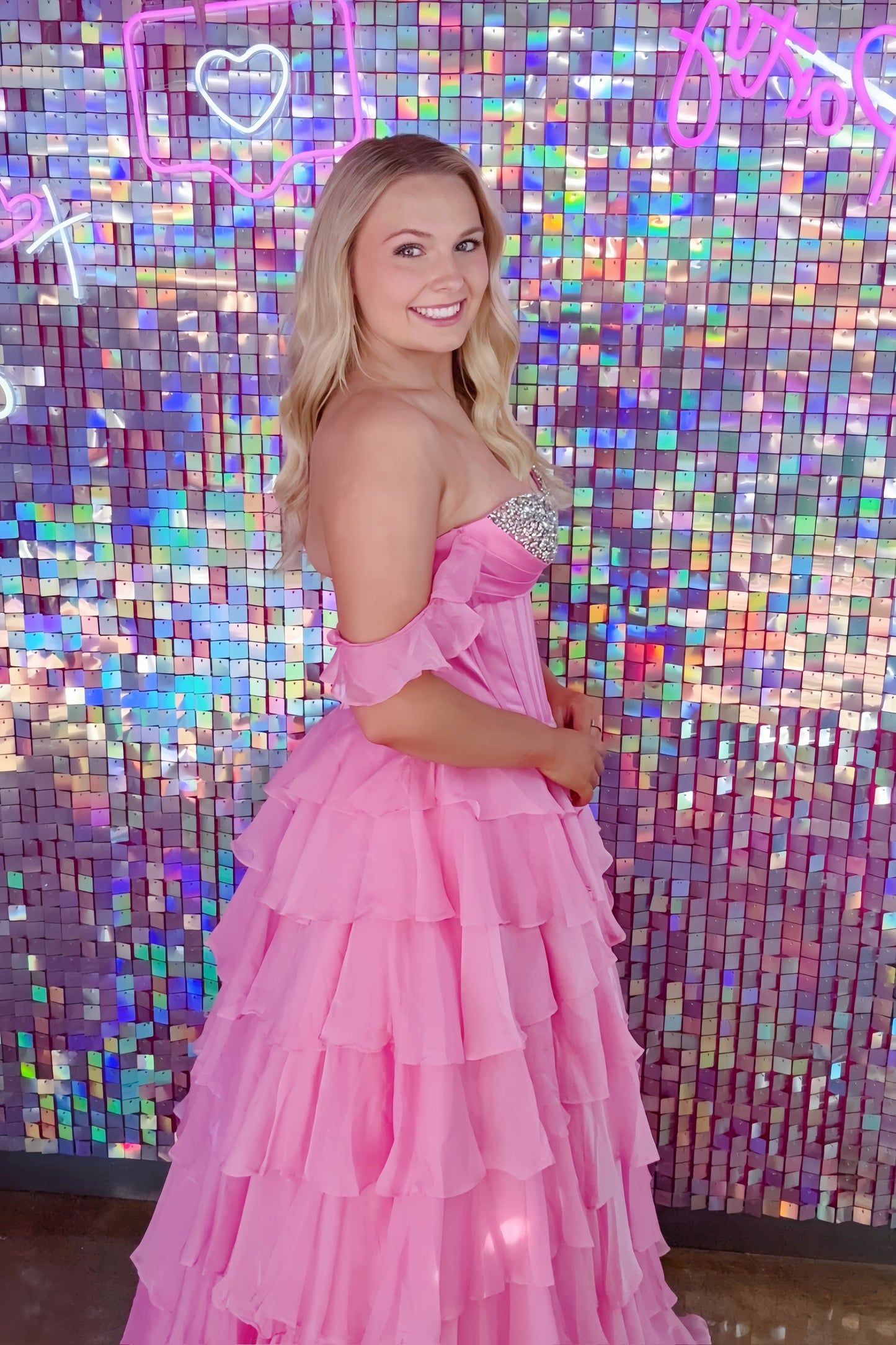 Light Pink Off-shoulder Beaded Sweetheart Gown