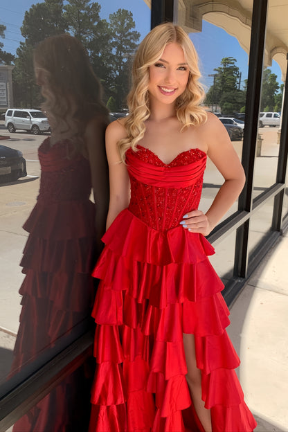 Red Sweetheart Ruffle Slit Long Dress