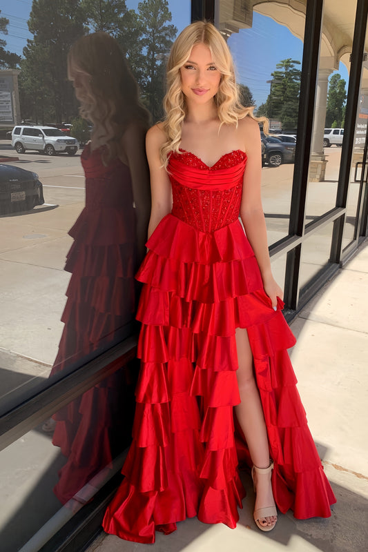 Red Sweetheart Ruffle Slit Long Dress