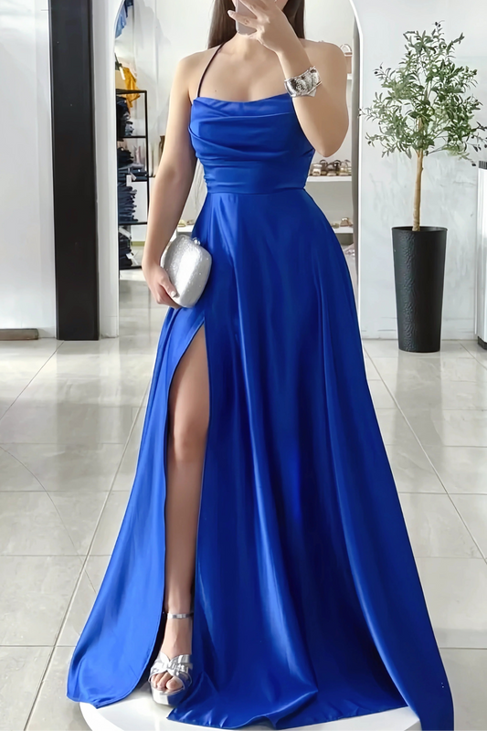 Royal Blue Side Slit A-line Long Prom Dress