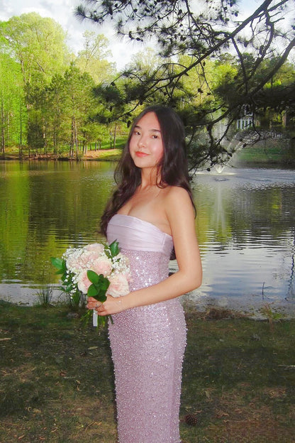 Golden Sequin and Pearls Strapless Bodycon Dress