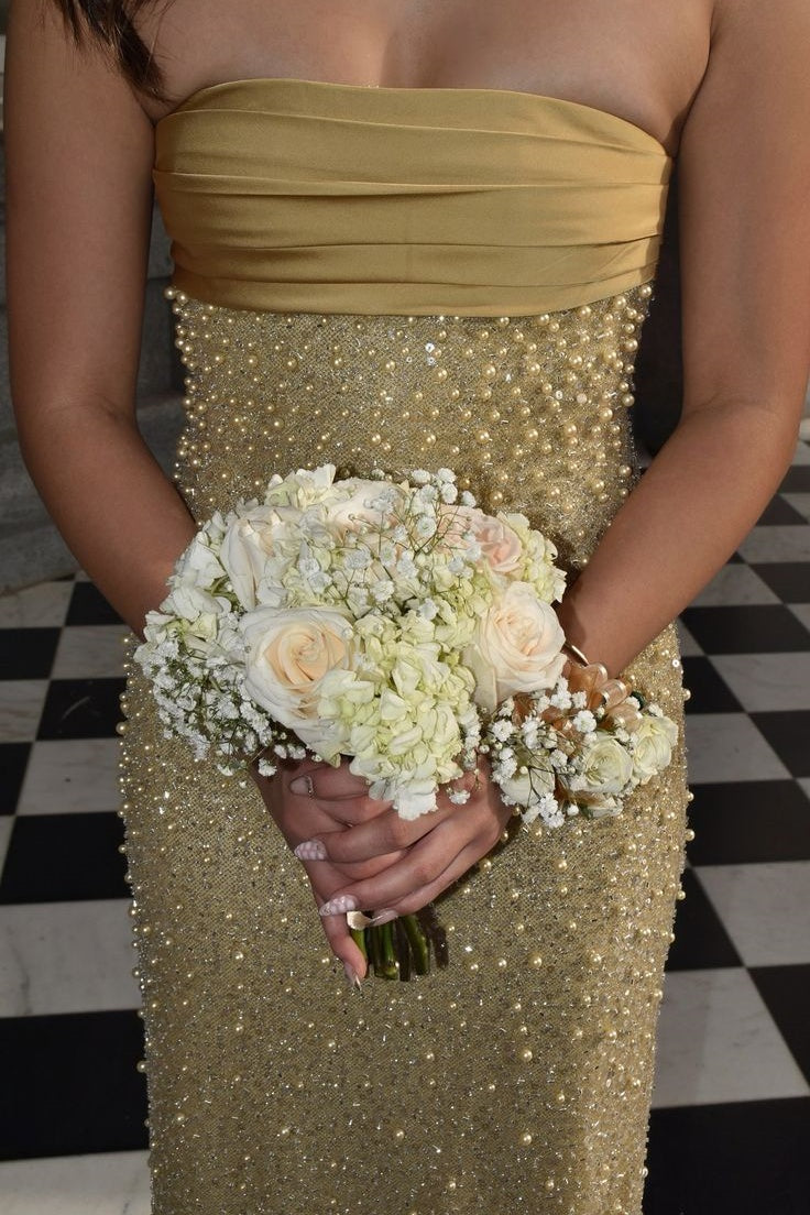 Golden Sequin and Pearls Strapless Bodycon Dress