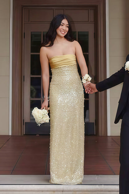 Golden Sequin and Pearls Strapless Bodycon Dress