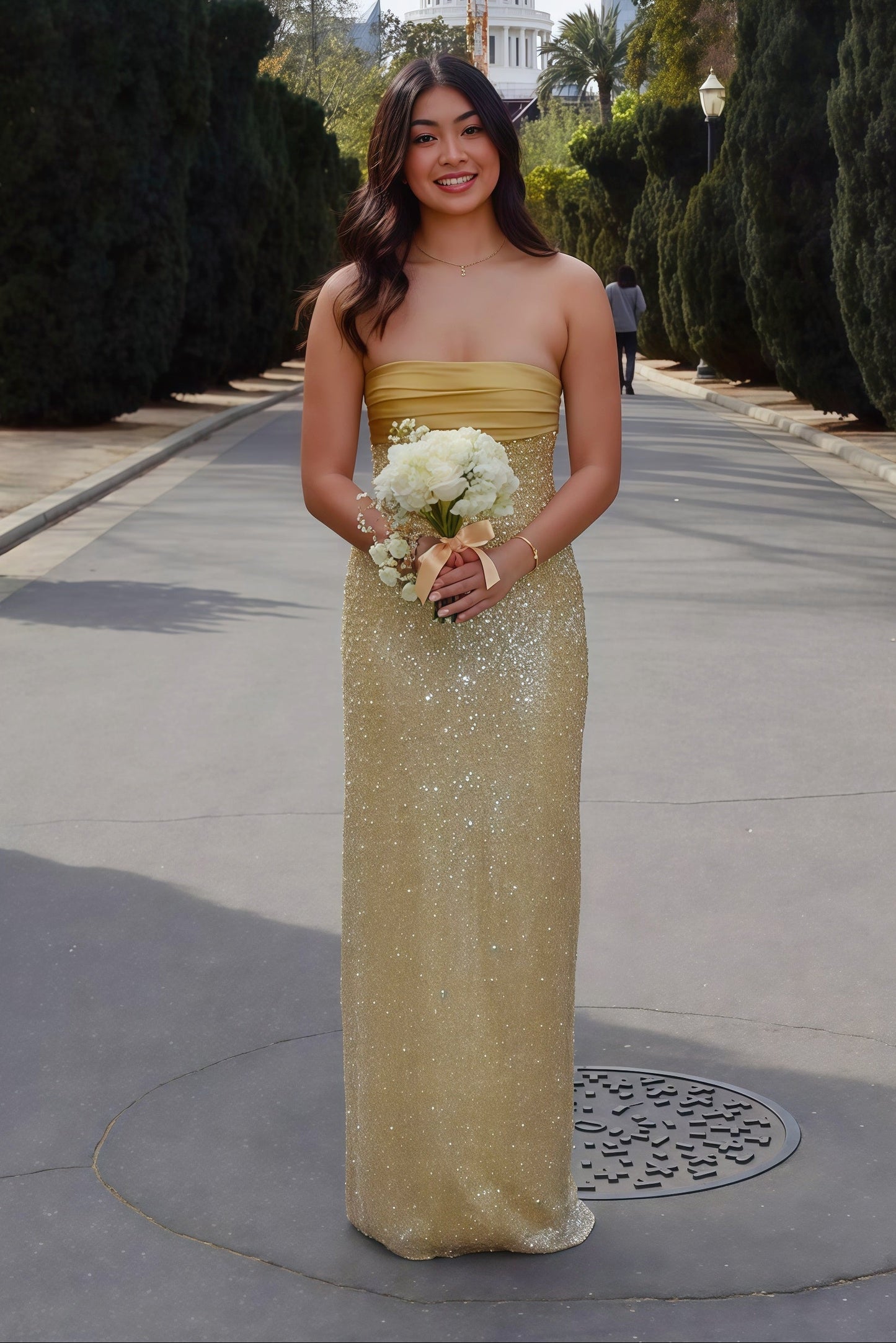 Golden Sequin and Pearls Strapless Bodycon Dress