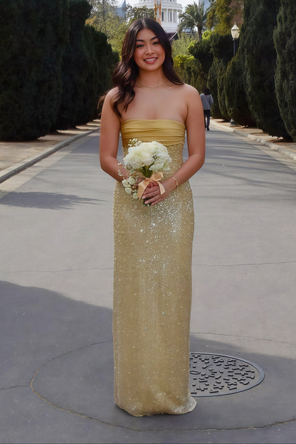 Golden Sequin and Pearls Strapless Bodycon Dress