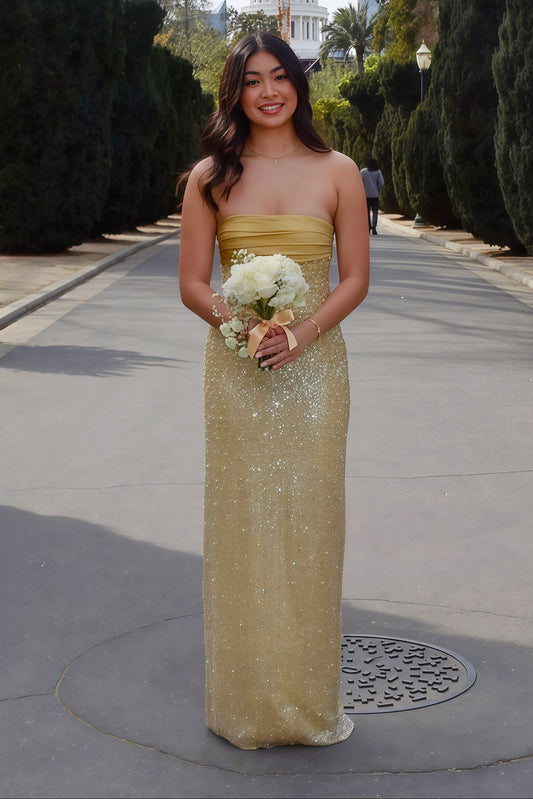 Golden Sequin and Pearls Strapless Bodycon Dress