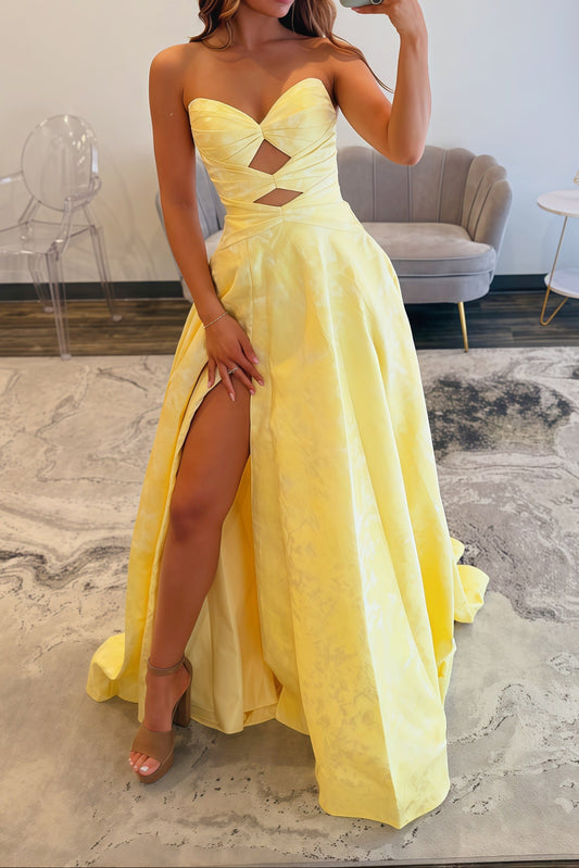 Yellow Print Sweetheart Cut-out A-line Dress