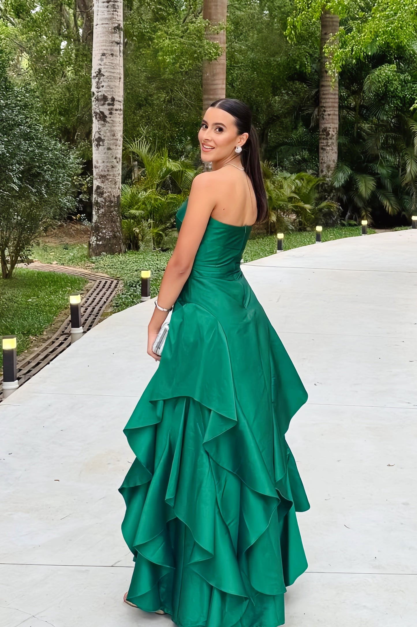Green Strapless Asymmetric Hem Cut-out Long Dress